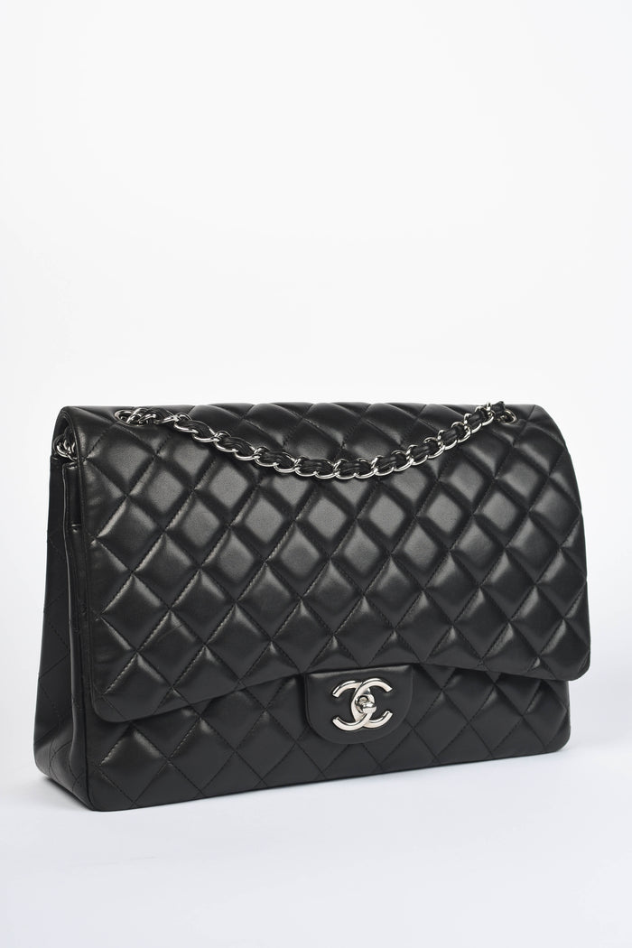 2010s Chanel Black Lambskin Leather Maxi Double Flap Shoulder Bag SHW