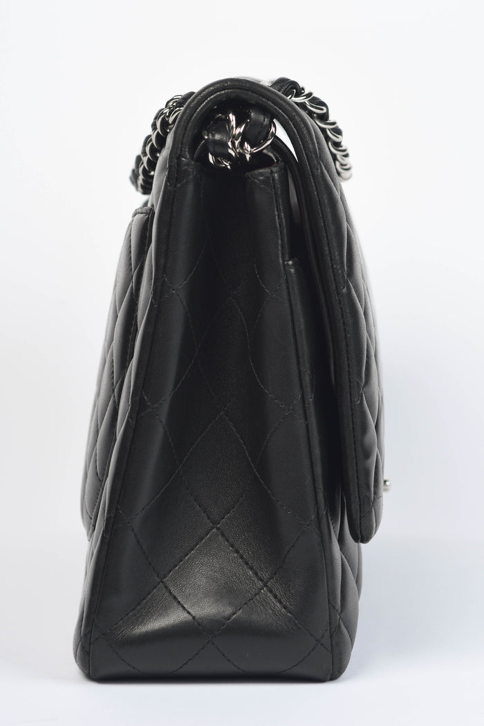 2010s Chanel Black Lambskin Leather Maxi Double Flap Shoulder Bag SHW