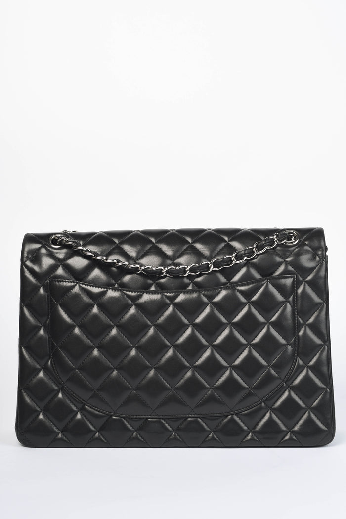 2010s Chanel Black Lambskin Leather Maxi Double Flap Shoulder Bag SHW