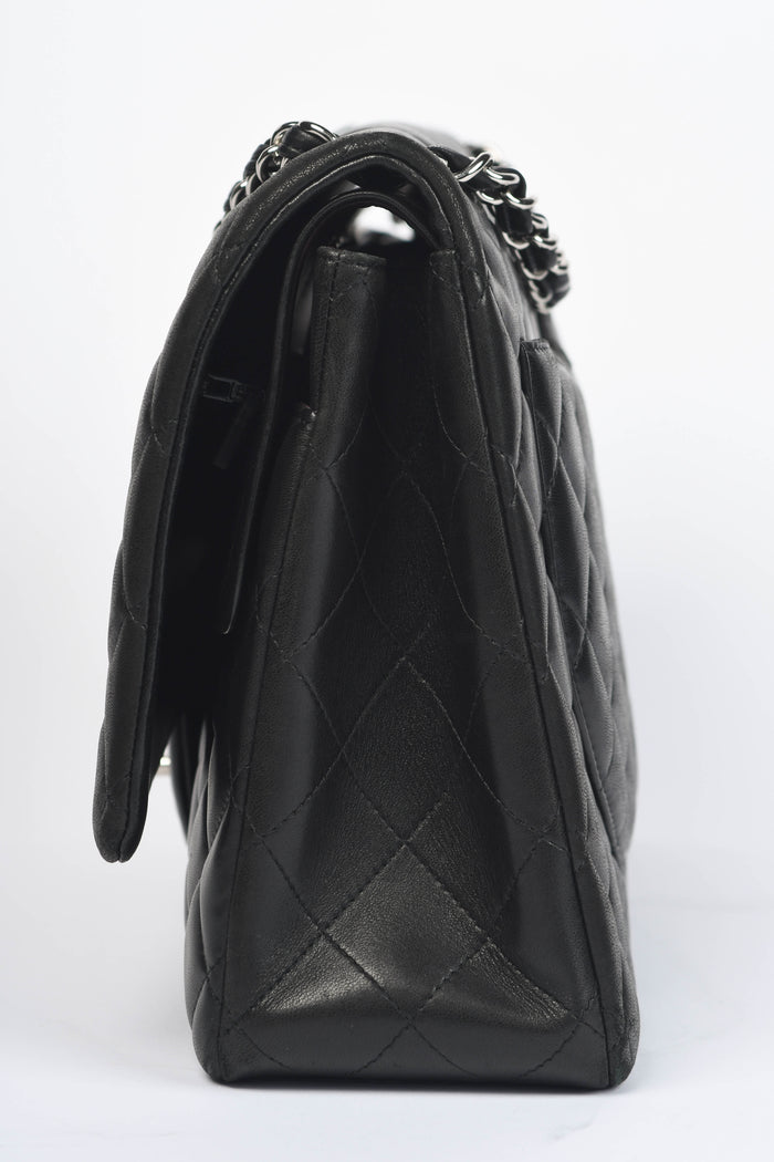 2010s Chanel Black Lambskin Leather Maxi Double Flap Shoulder Bag SHW