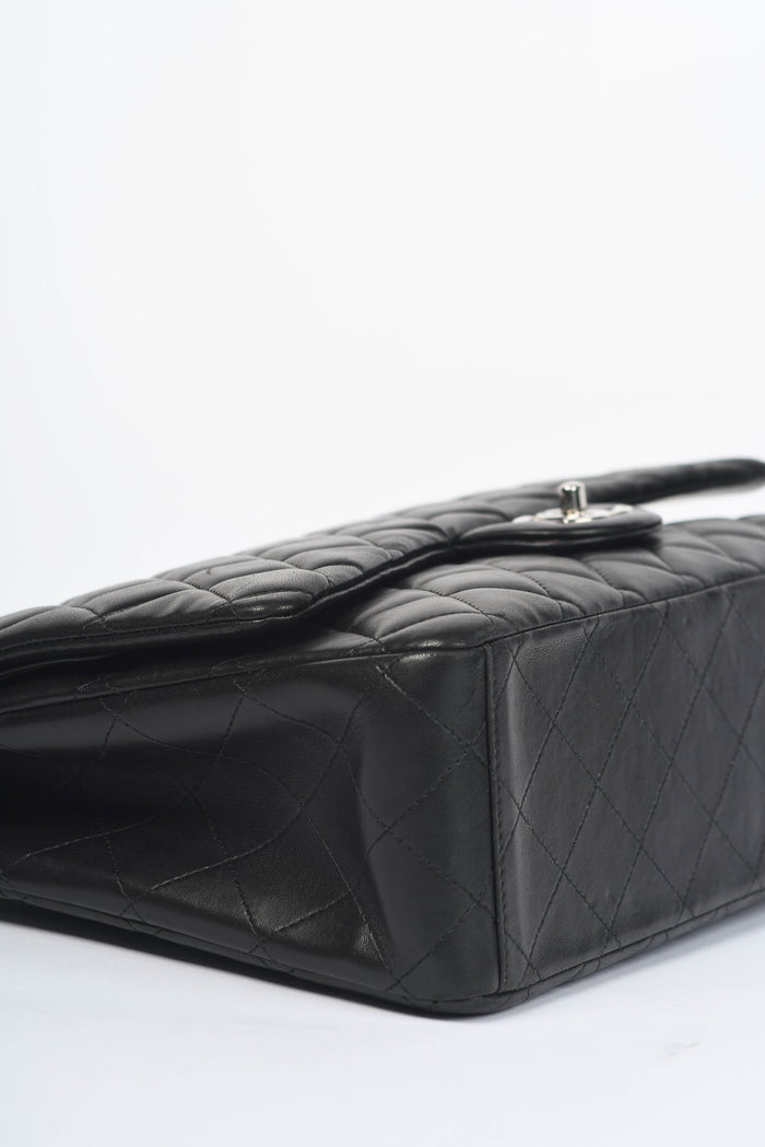 2010s Chanel Black Lambskin Leather Maxi Double Flap Shoulder Bag SHW
