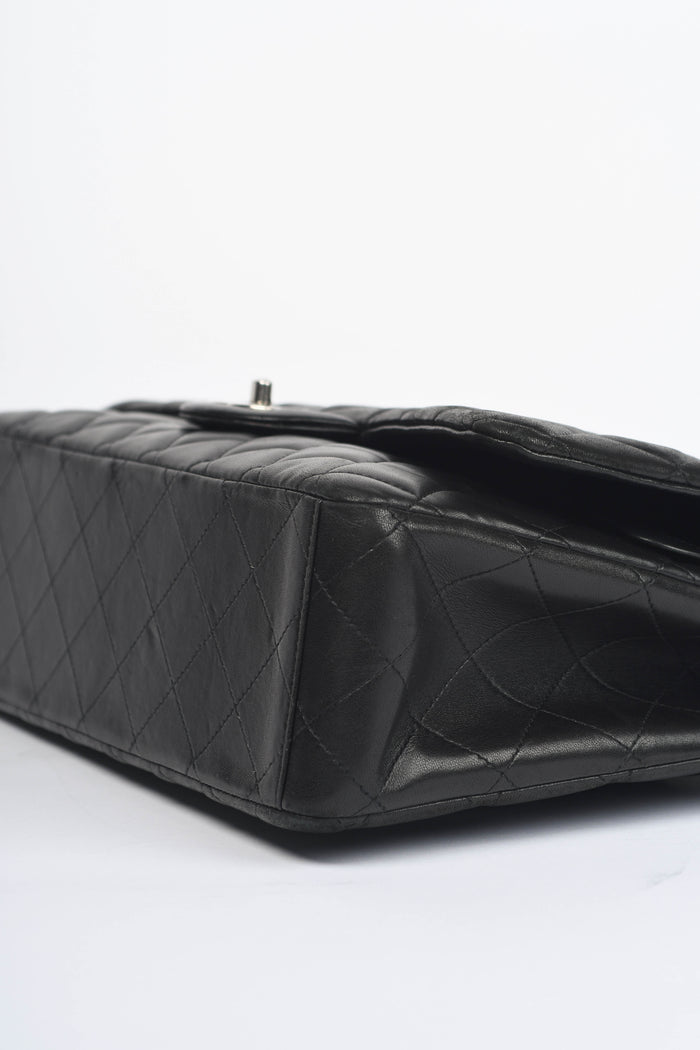 2010s Chanel Black Lambskin Leather Maxi Double Flap Shoulder Bag SHW