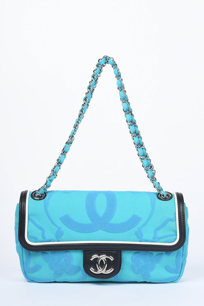 2000s Chanel Blue CC Camellia Embossed Canvas Shoulder Bag