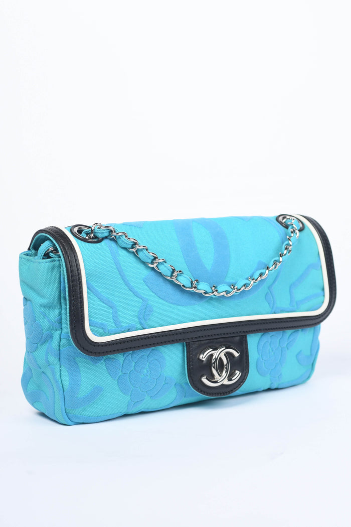 2000s Chanel Blue CC Camellia Embossed Canvas Shoulder Bag