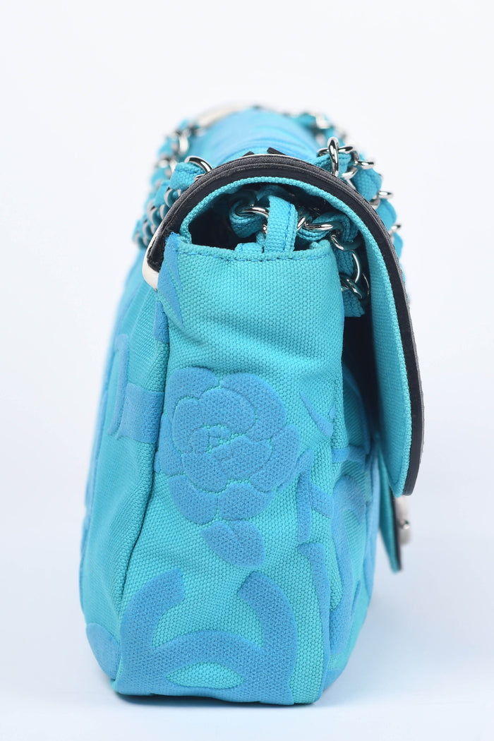 2000s Chanel Blue CC Camellia Embossed Canvas Shoulder Bag
