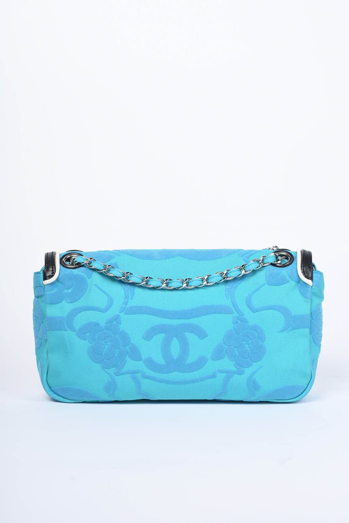 2000s Chanel Blue CC Camellia Embossed Canvas Shoulder Bag