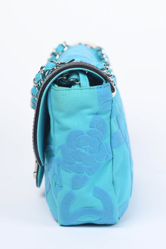 2000s Chanel Blue CC Camellia Embossed Canvas Shoulder Bag
