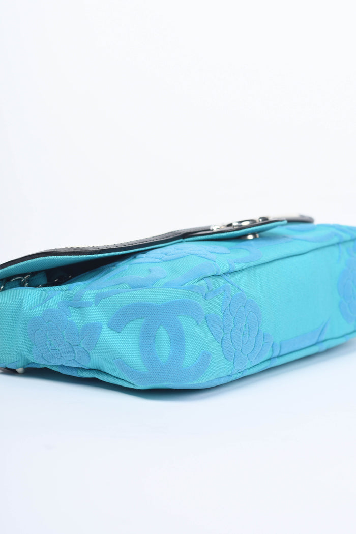 2000s Chanel Blue CC Camellia Embossed Canvas Shoulder Bag