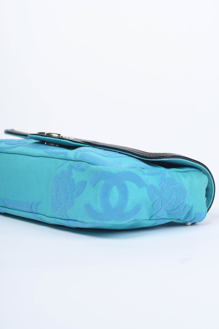 2000s Chanel Blue CC Camellia Embossed Canvas Shoulder Bag