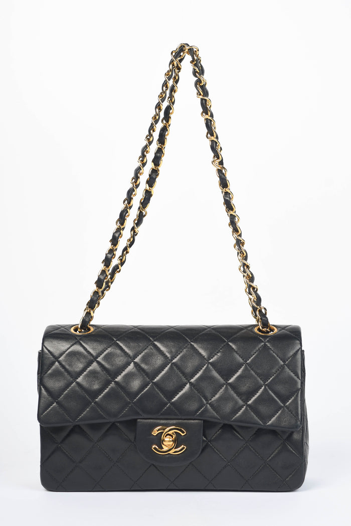90s Chanel Black Lambskin Leather Classic Small Double Flap Bag with 24k GHW
