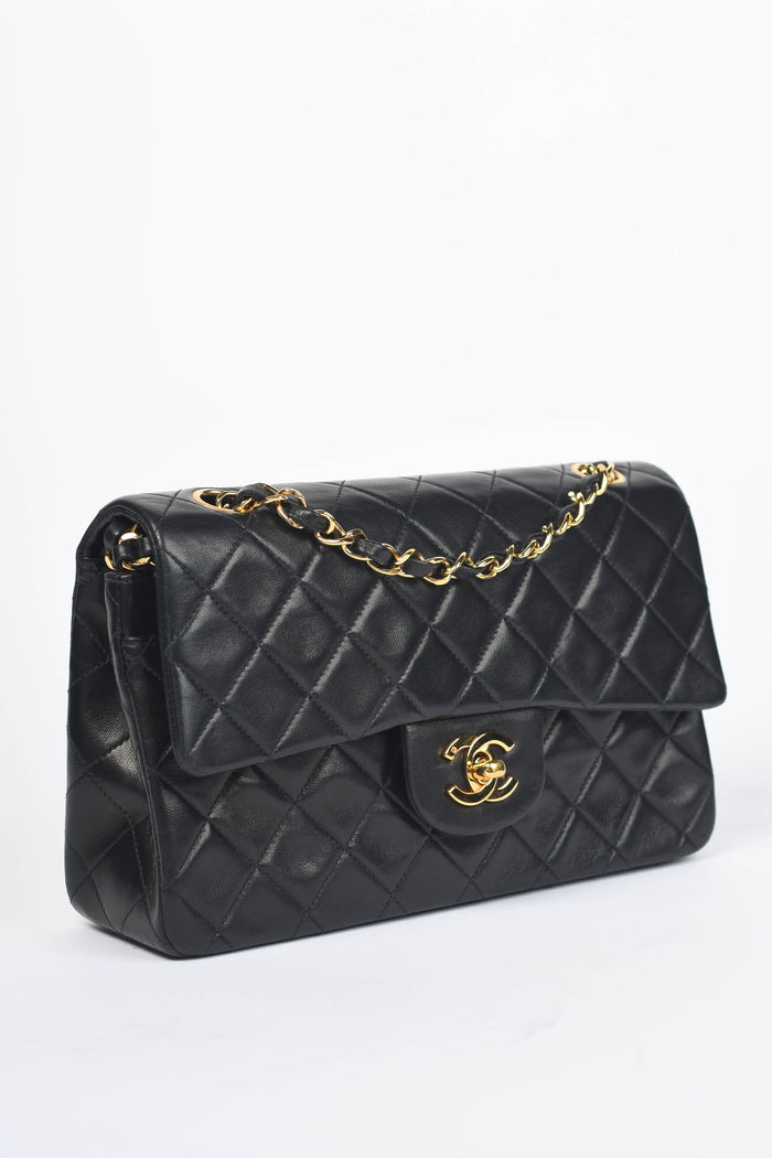 90s Chanel Black Lambskin Leather Classic Small Double Flap Bag with 24k GHW