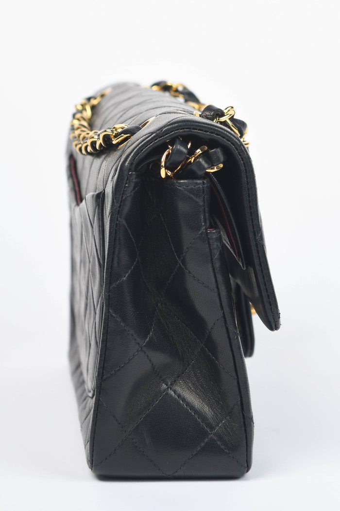 90s Chanel Black Lambskin Leather Classic Small Double Flap Bag with 24k GHW