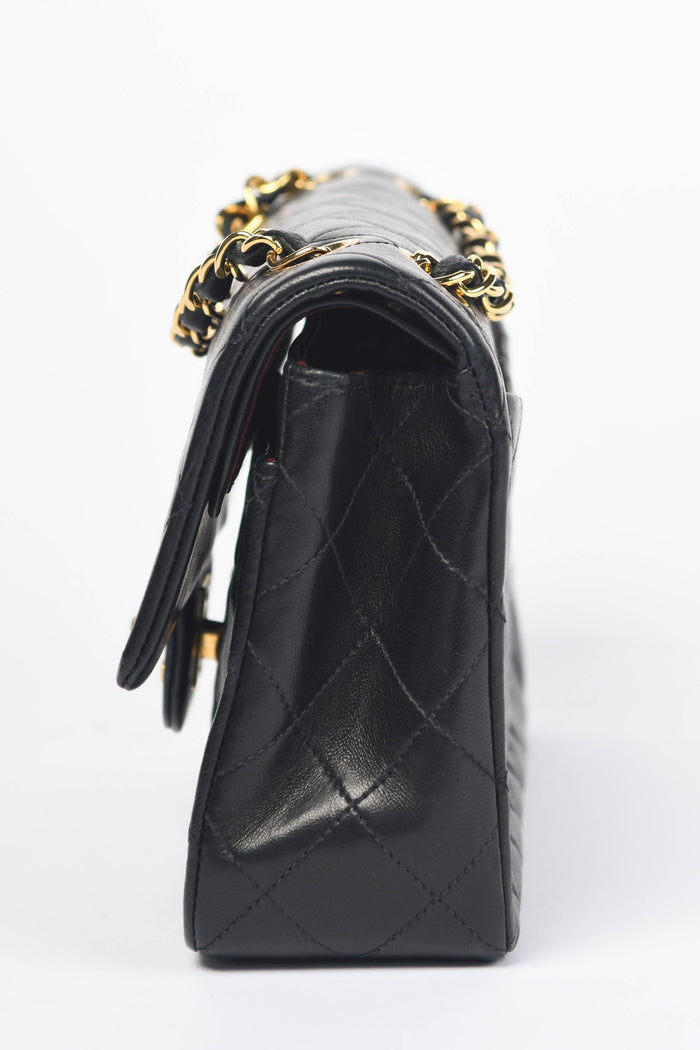 90s Chanel Black Lambskin Leather Classic Small Double Flap Bag with 24k GHW