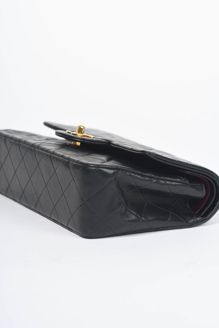 90s Chanel Black Lambskin Leather Classic Small Double Flap Bag with 24k GHW