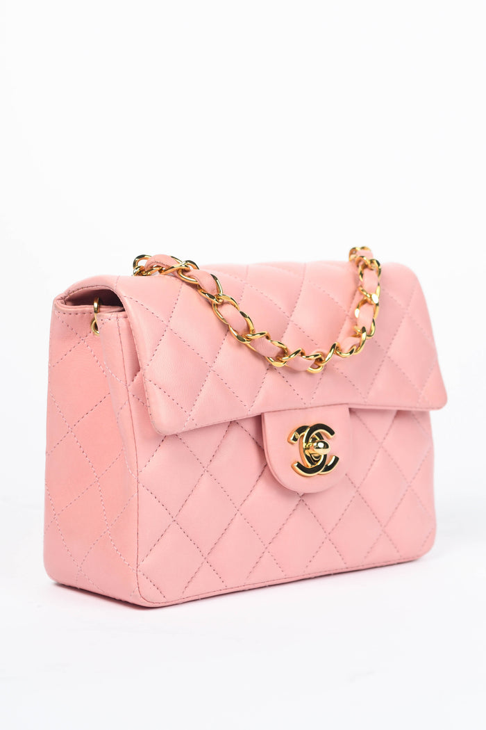2000s Chanel Baby Pink Lambskin Leather Mini Square Flap with 24k GHW