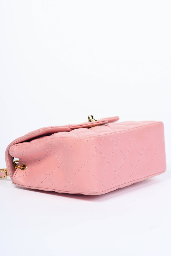 2000s Chanel Baby Pink Lambskin Leather Mini Square Flap with 24k GHW