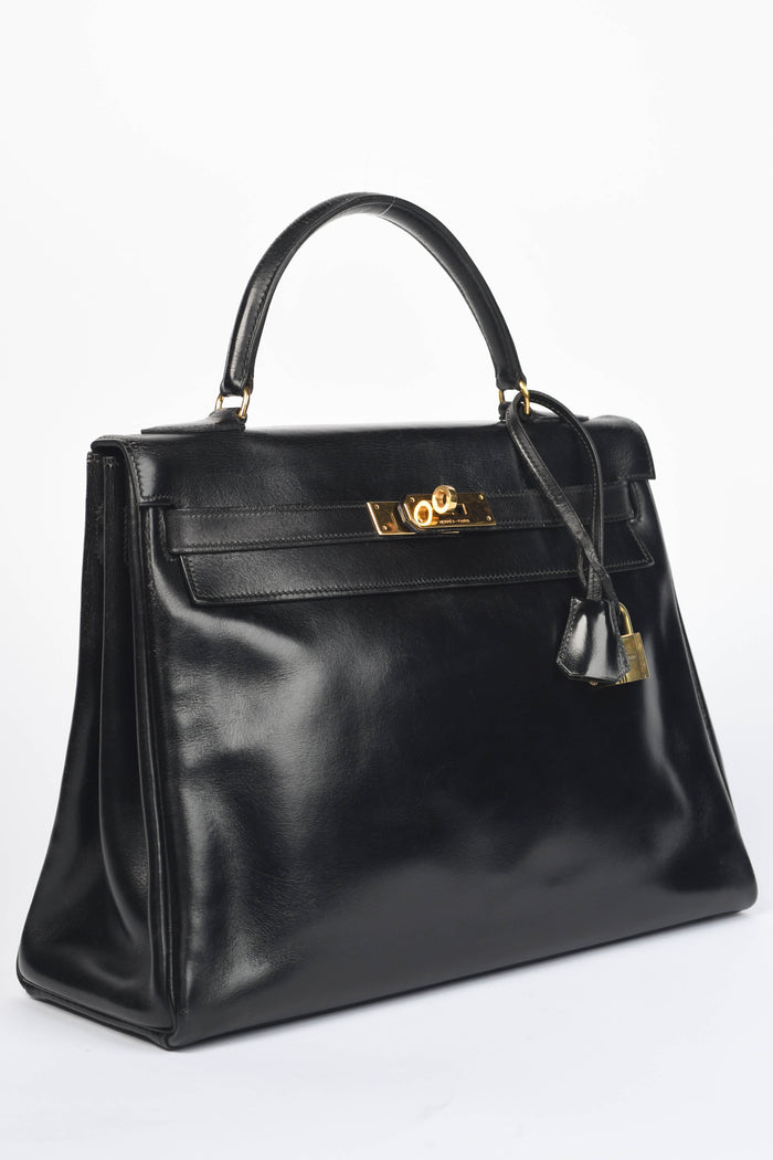 1980 Hermès Kelly 32cm in Retourne Black Box Leather GHW