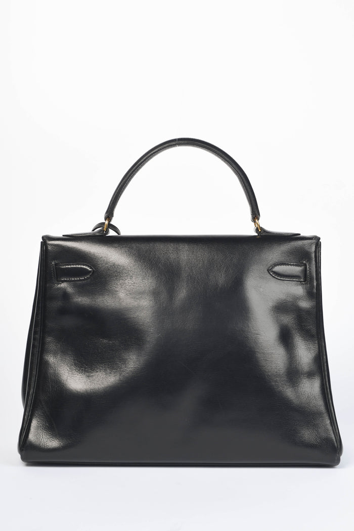 1980 Hermès Kelly 32cm in Retourne Black Box Leather GHW