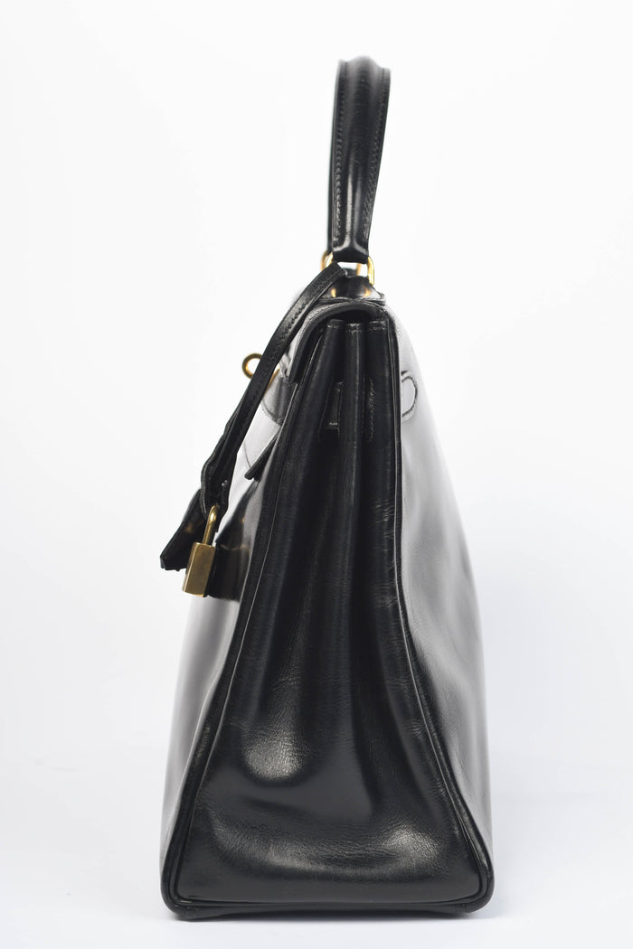 1980 Hermès Kelly 32cm in Retourne Black Box Leather GHW