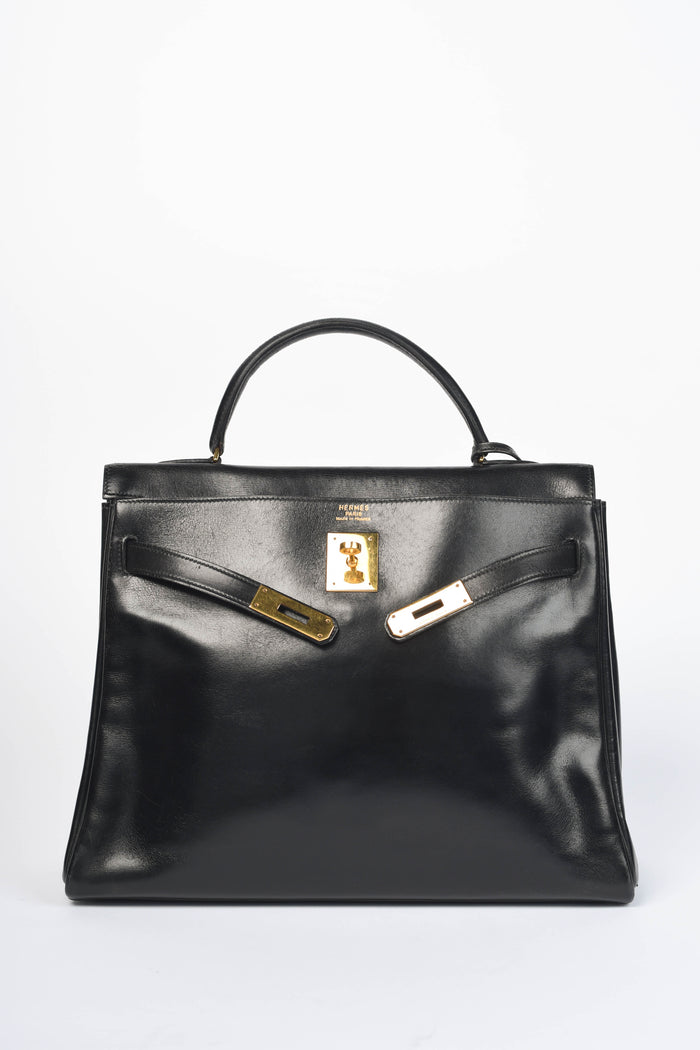 1980 Hermès Kelly 32cm in Retourne Black Box Leather GHW