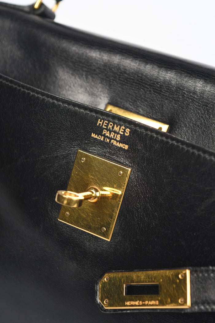 1980 Hermès Kelly 32cm in Retourne Black Box Leather GHW