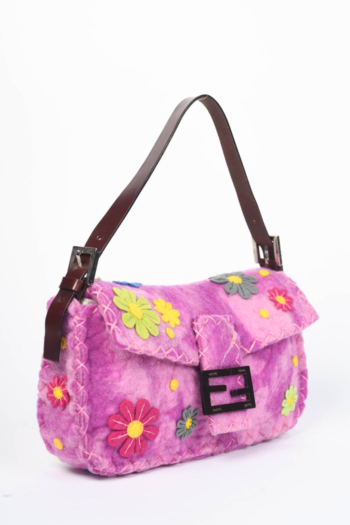 RARE Vintage Fendi Pink Felt Floral Appliqué Baguette Shoulder Bag