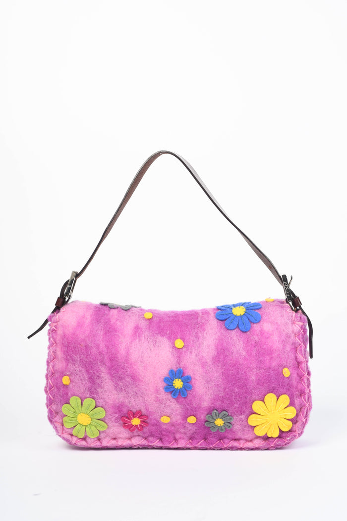 RARE Vintage Fendi Pink Felt Floral Appliqué Baguette Shoulder Bag