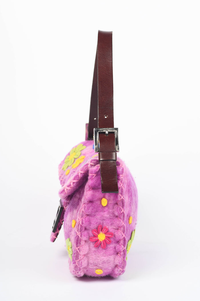 RARE Vintage Fendi Pink Felt Floral Appliqué Baguette Shoulder Bag