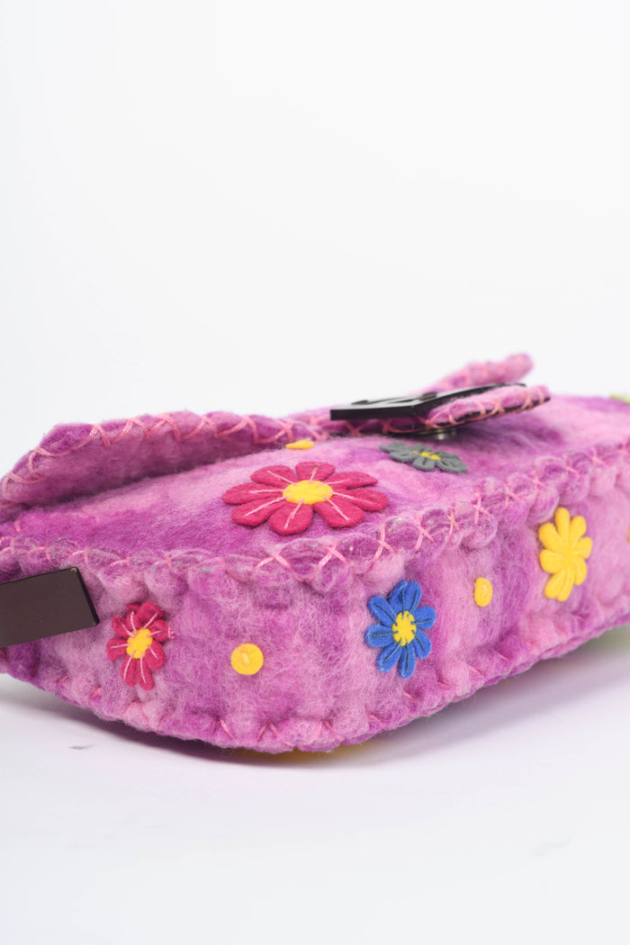 RARE Vintage Fendi Pink Felt Floral Appliqué Baguette Shoulder Bag
