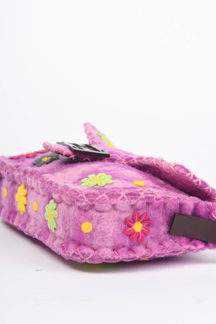 RARE Vintage Fendi Pink Felt Floral Appliqué Baguette Shoulder Bag