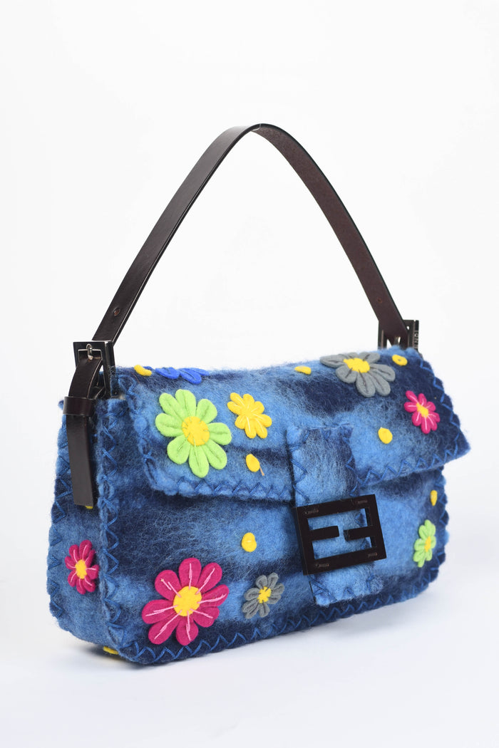 RARE Vintage Fendi Blue Felt Floral Appliqué Baguette Shoulder Bag