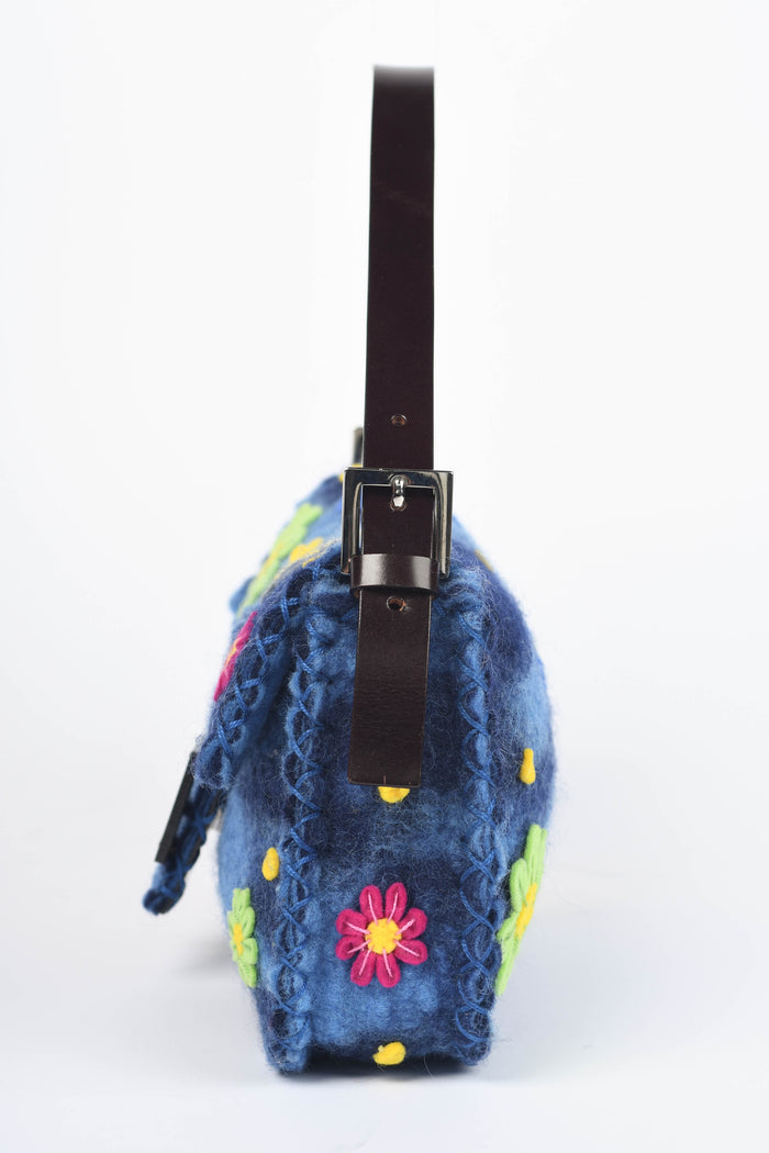 RARE Vintage Fendi Blue Felt Floral Appliqué Baguette Shoulder Bag