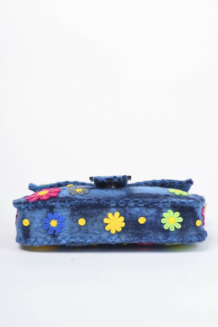 RARE Vintage Fendi Blue Felt Floral Appliqué Baguette Shoulder Bag