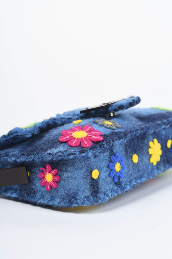 RARE Vintage Fendi Blue Felt Floral Appliqué Baguette Shoulder Bag