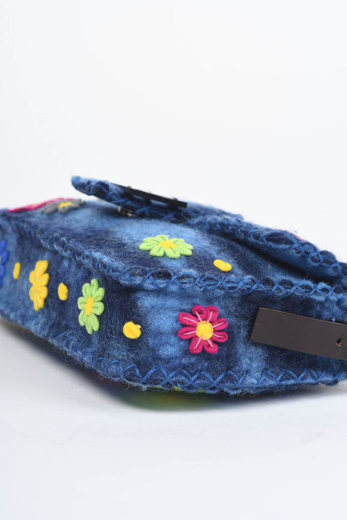 RARE Vintage Fendi Blue Felt Floral Appliqué Baguette Shoulder Bag