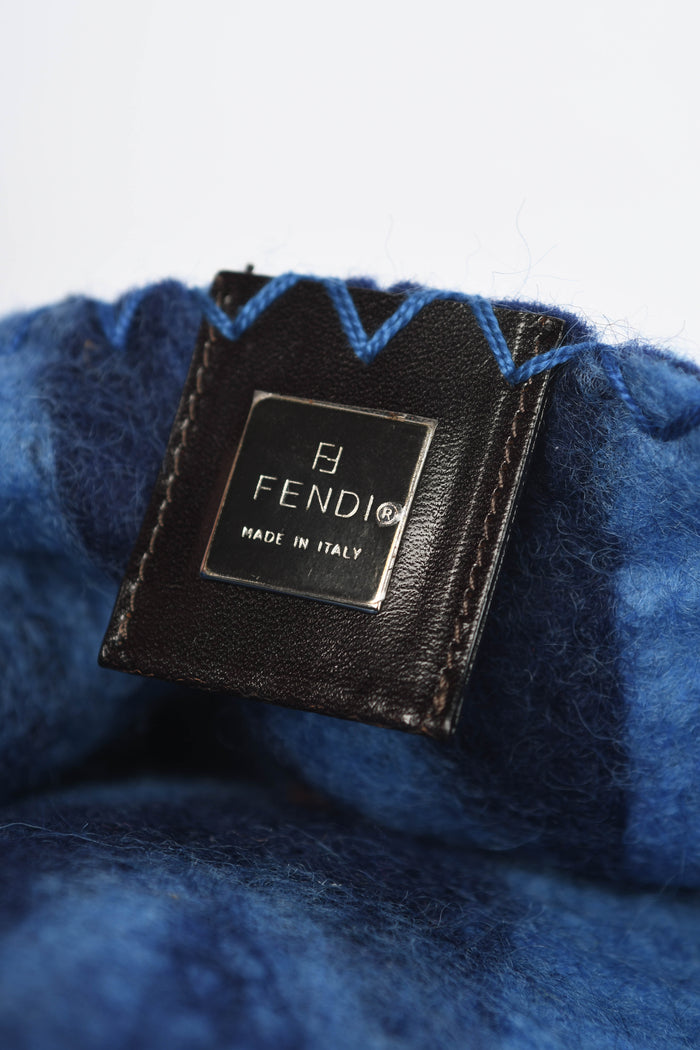 RARE Vintage Fendi Blue Felt Floral Appliqué Baguette Shoulder Bag