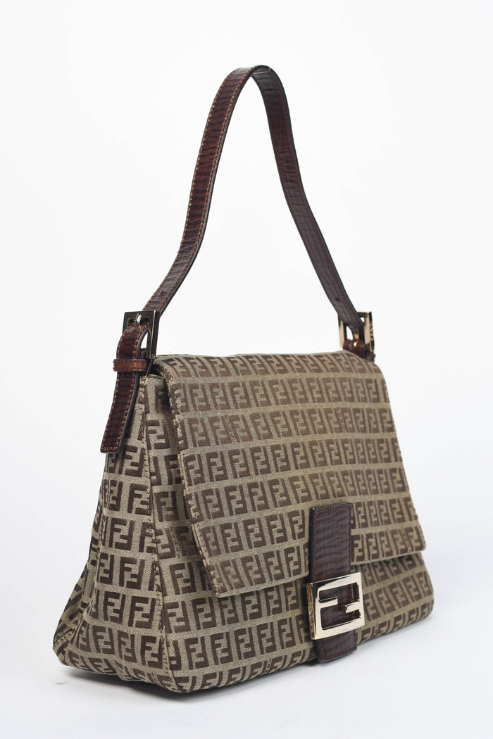 Vintage Fendi Brown Zucchino Mamma Baguette Shoulder Bag