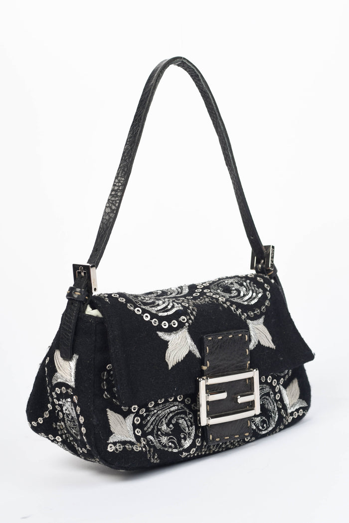 2000s Fendi Black Sequin & Embroidered Selleria Mini Mamma Baguette Bag
