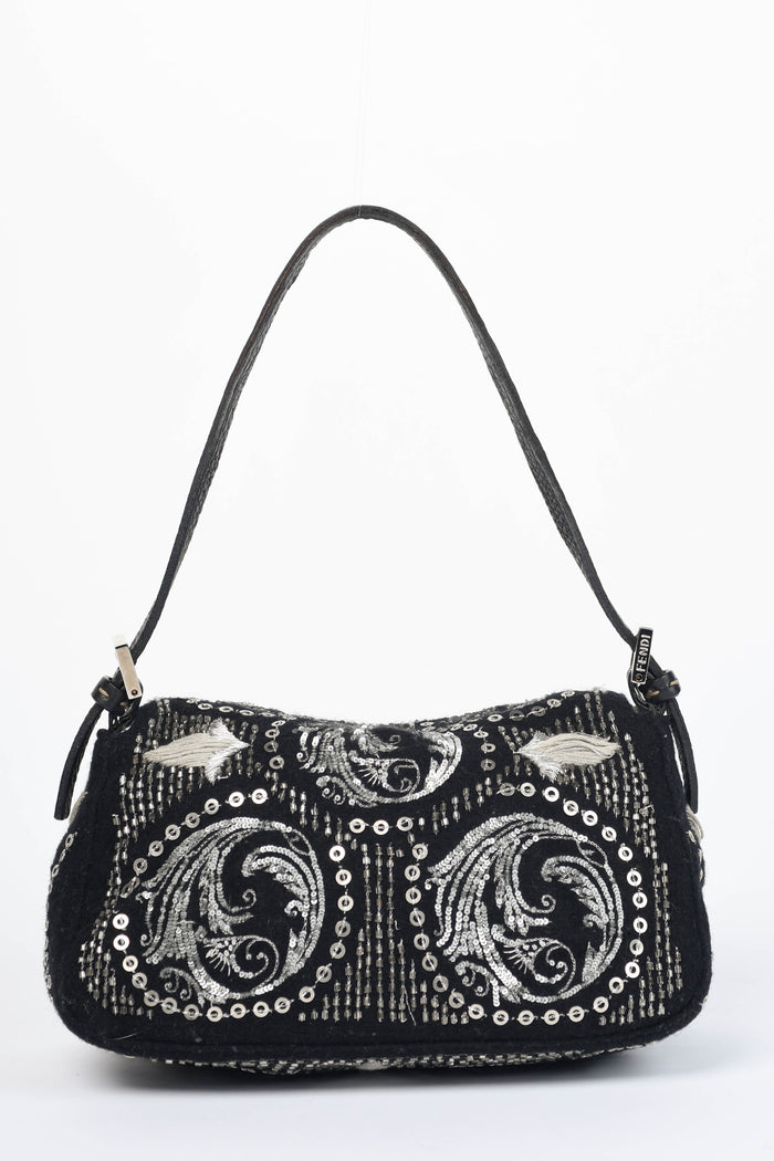 2000s Fendi Black Sequin & Embroidered Selleria Mini Mamma Baguette Bag