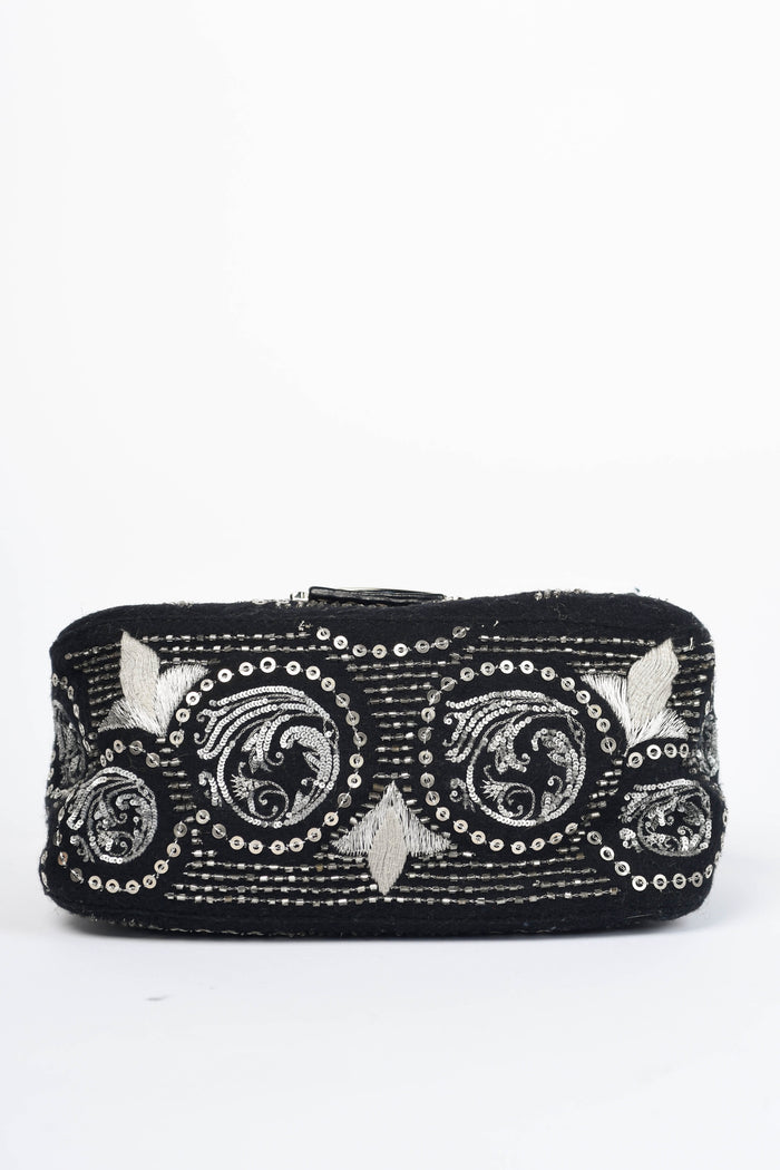 2000s Fendi Black Sequin & Embroidered Selleria Mini Mamma Baguette Bag