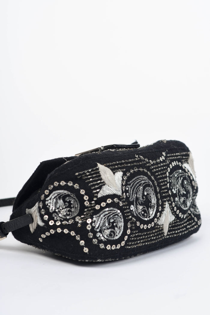2000s Fendi Black Sequin & Embroidered Selleria Mini Mamma Baguette Bag