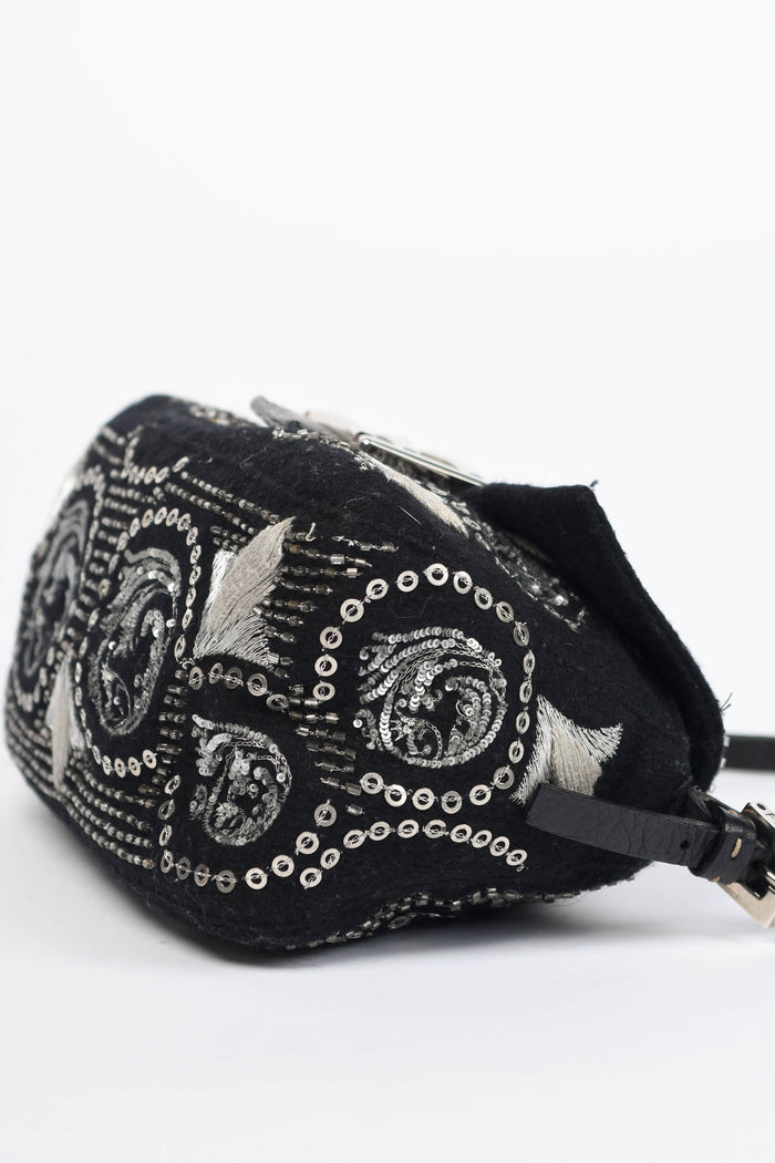 2000s Fendi Black Sequin & Embroidered Selleria Mini Mamma Baguette Bag