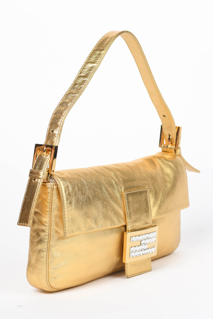 RARE Fendi Gold Lambskin and Crystal Baguette Shoulder Bag