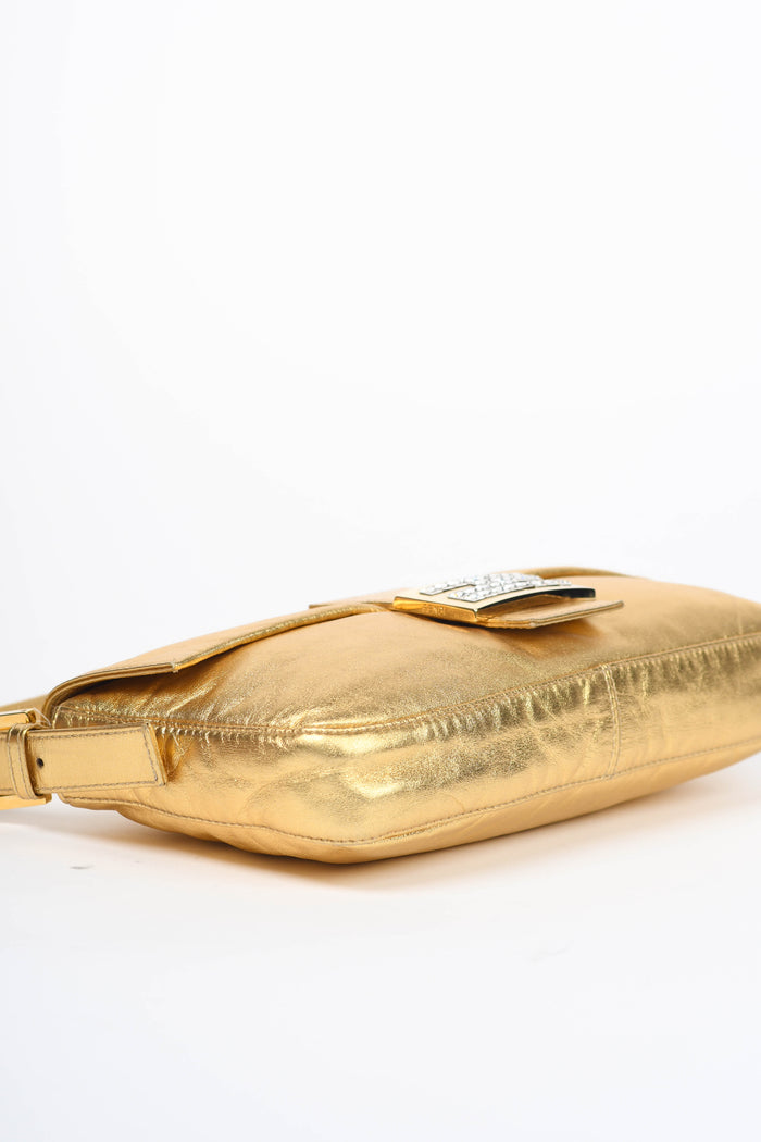 RARE Fendi Gold Lambskin and Crystal Baguette Shoulder Bag