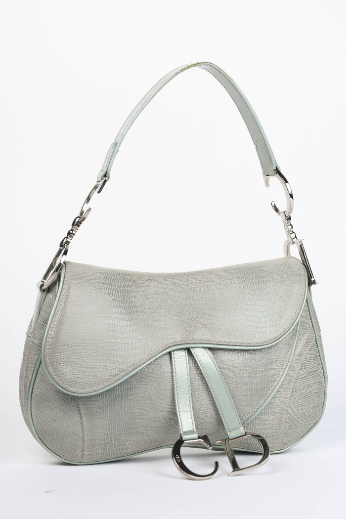 Vintage Christian Dior Green Mock Lizard Double Saddle Shoulder Bag