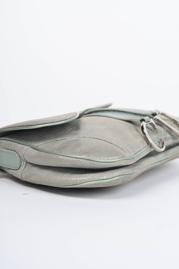Vintage Christian Dior Green Mock Lizard Double Saddle Shoulder Bag