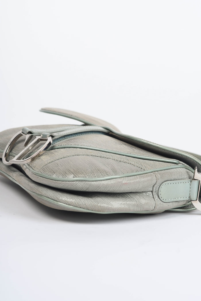 Vintage Christian Dior Green Mock Lizard Double Saddle Shoulder Bag