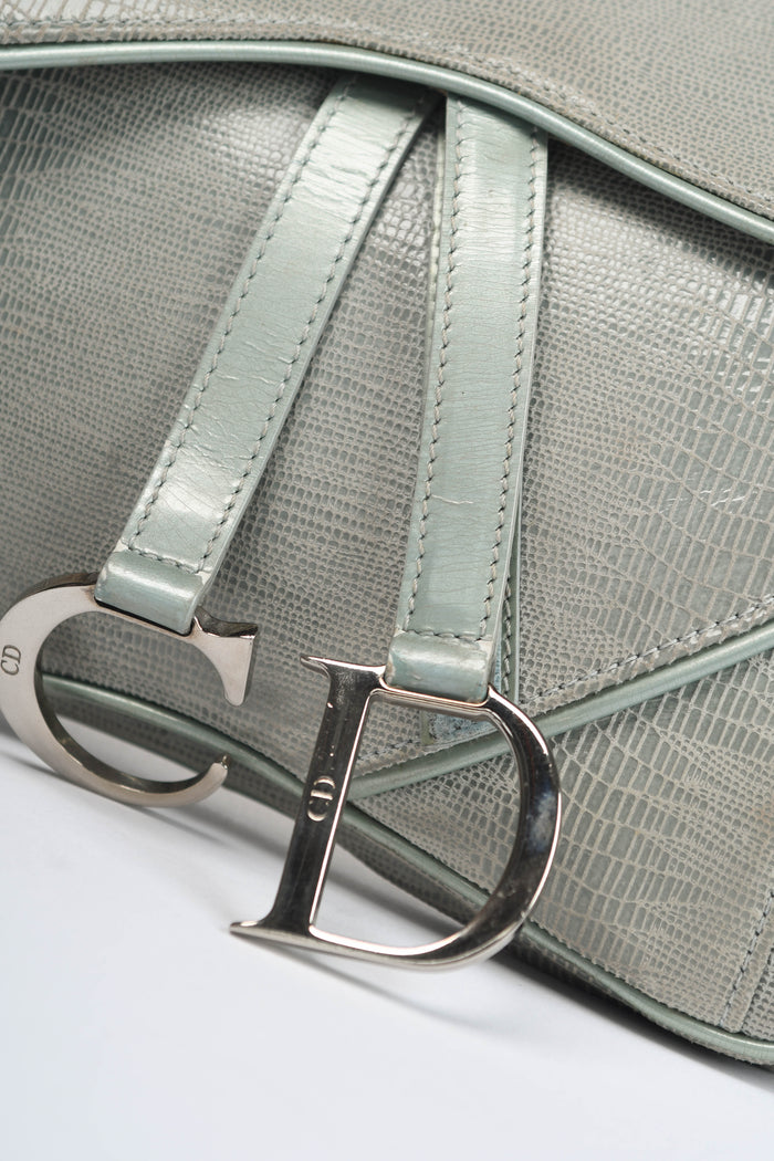 Vintage Christian Dior Green Mock Lizard Double Saddle Shoulder Bag