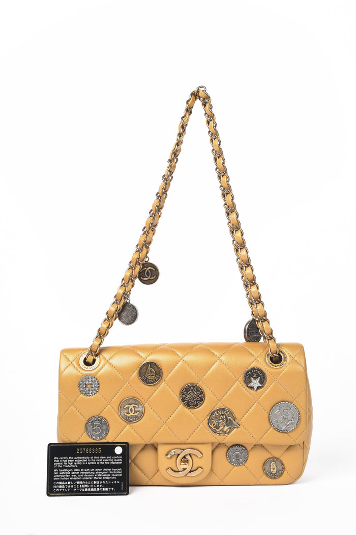 2014 Chanel Gold Leather Coin Medallion Medium Flap Shoulder Bag