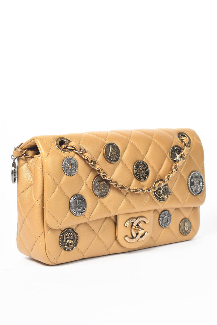 2014 Chanel Gold Leather Coin Medallion Medium Flap Shoulder Bag
